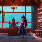 Animated girl and boy in cozy cabin with potion bottles and cat