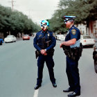 Two police officers standing on street with patrol cars and trees in background