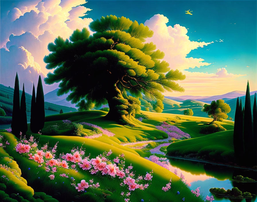 Vibrant fantasy landscape: whimsical tree, colorful flowers, rolling hills, serene river