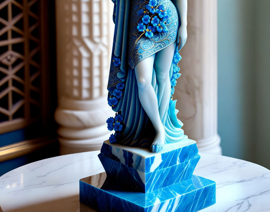 Colorful female statue in blue floral garment on marbled base