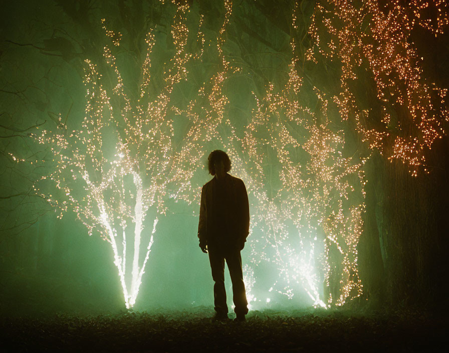 Silhouette in mystical forest with illuminated trees