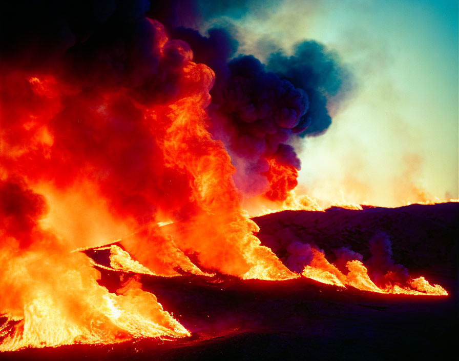 Volatile volcanic eruption with fiery lava flows and billowing smoke