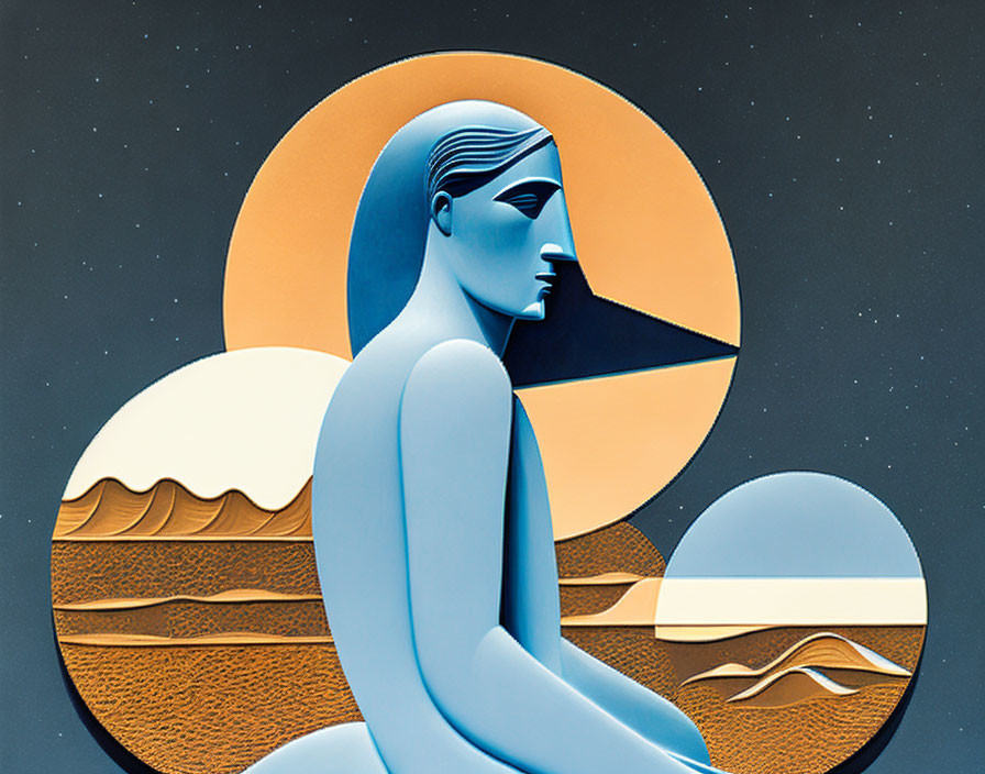 Abstract blue figure in contemplation with geometric sun, stars, and desert.