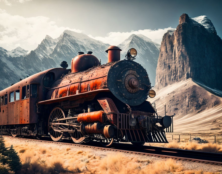 Rusty train with cowcatcher in scenic mountain landscape