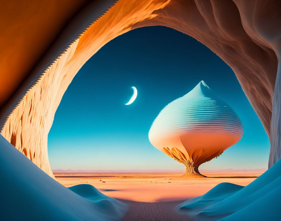 Surreal desert landscape with inverted cone tree under crescent moon