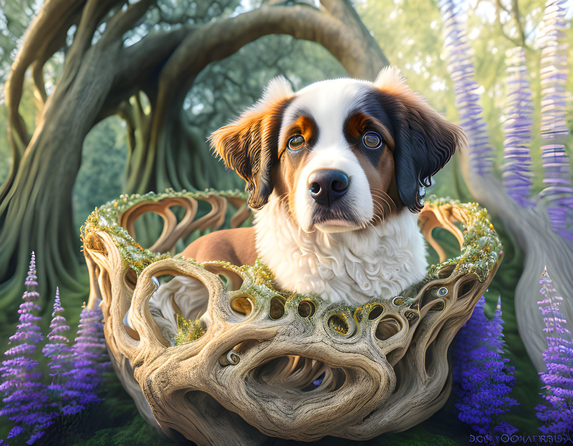 Brown and White Dog Sitting in Whimsical Tree-Root Bed among Purple Flowers