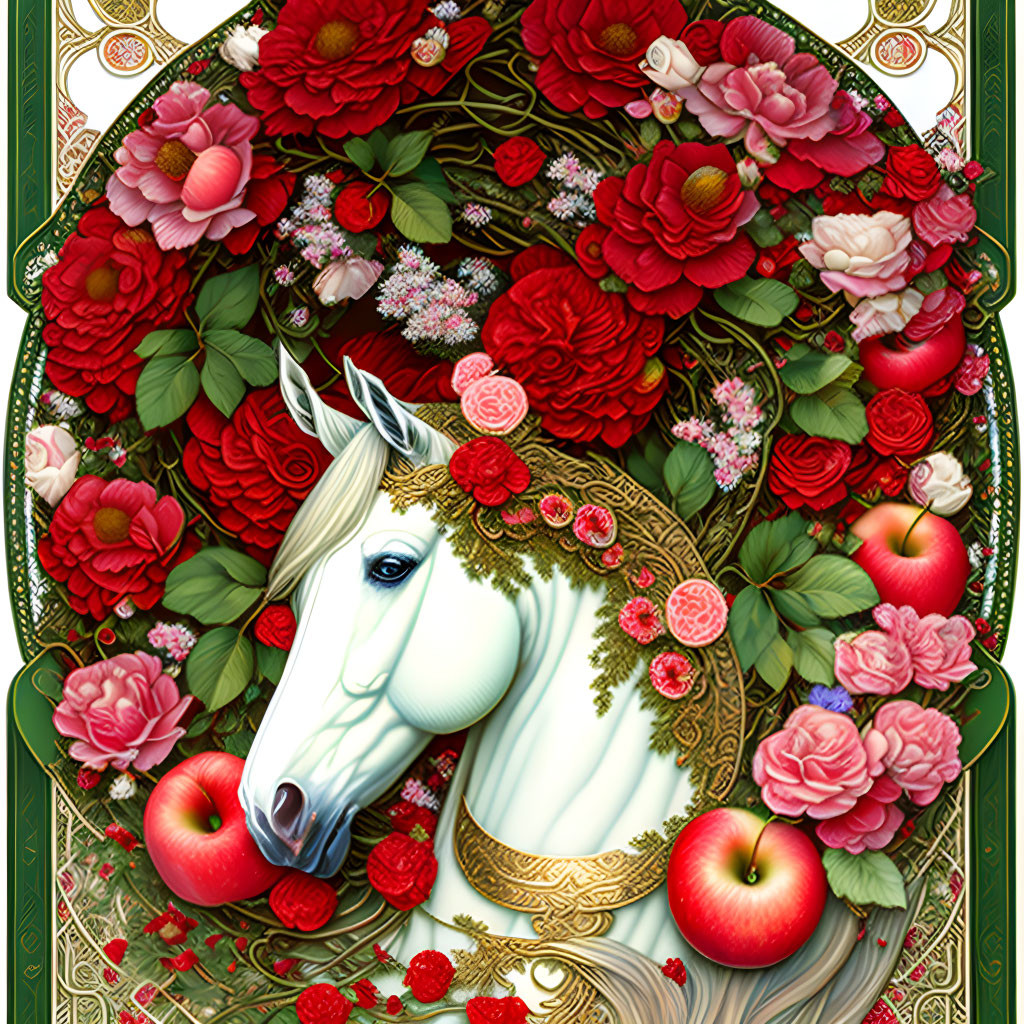 Detailed White Horse Surrounded by Red Roses and Greenery