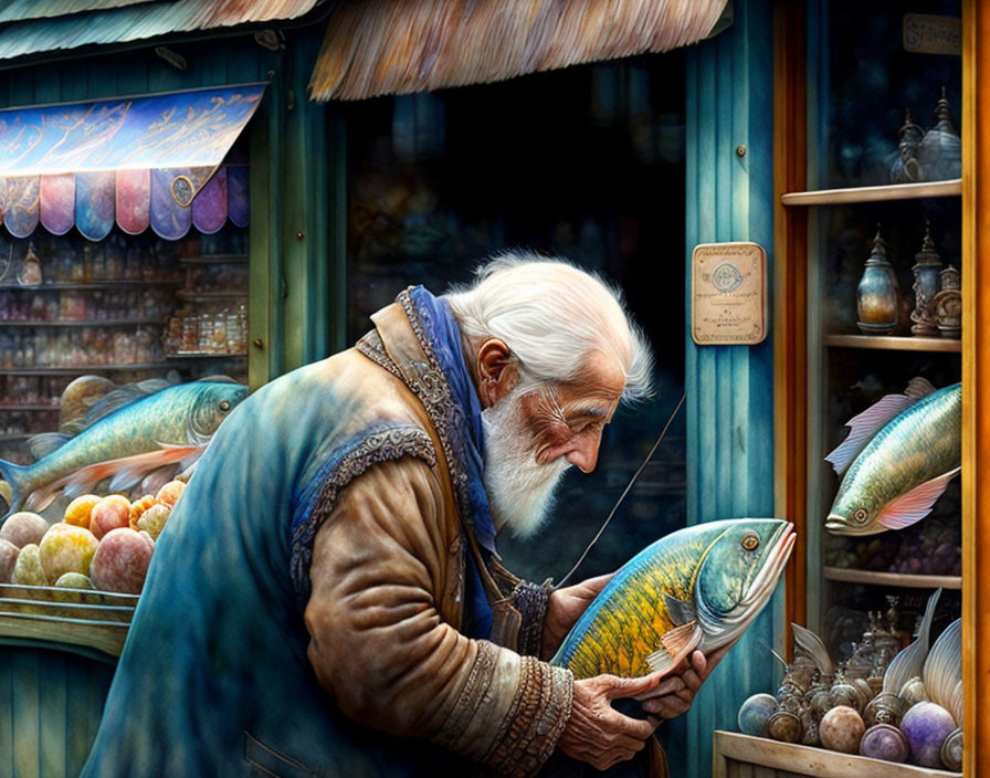 Elderly man in blue coat inspecting fish at vibrant market stand