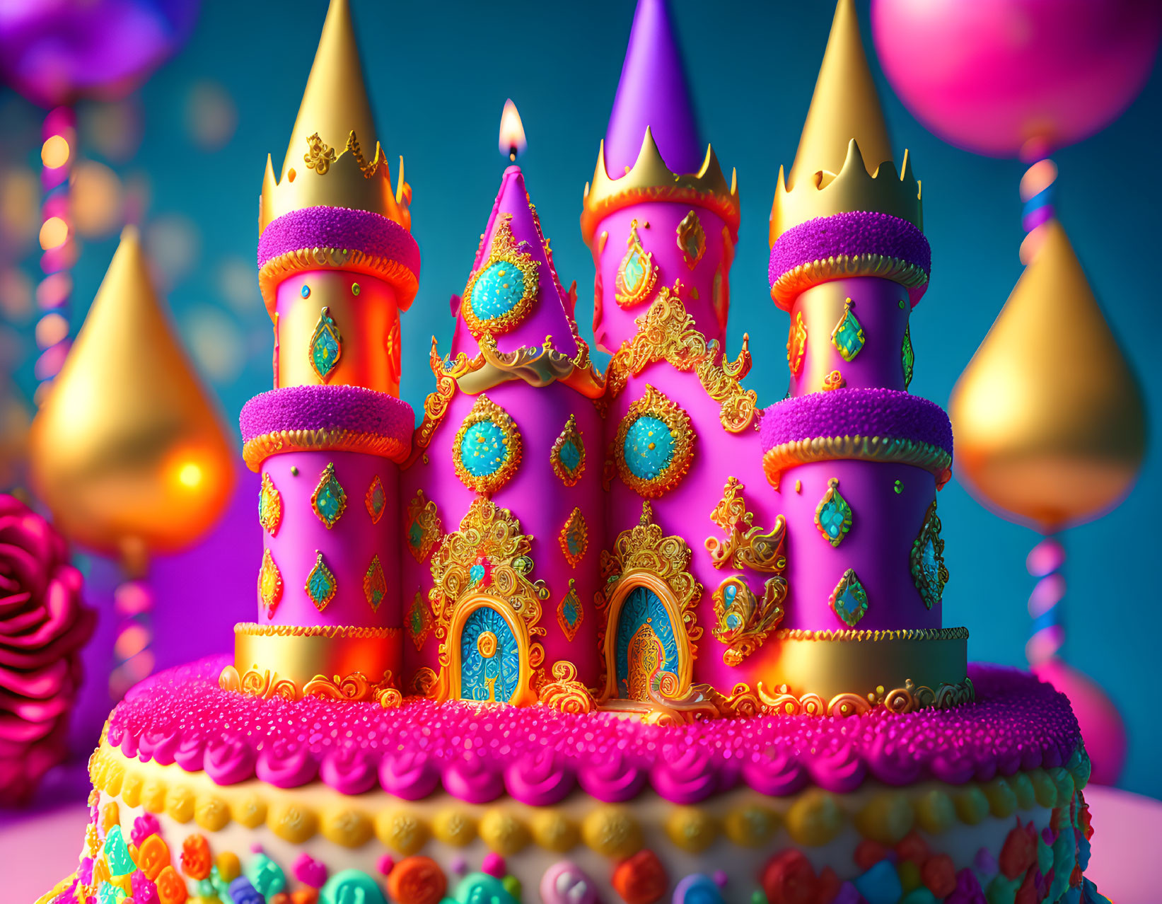 Colorful Fairytale Castle Cake with Golden Turrets and Balloons