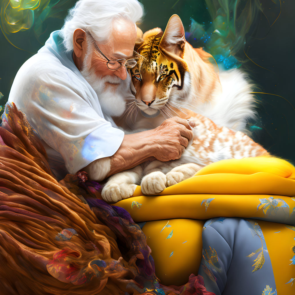 Elderly man embraces fantastical feline in vibrant scene