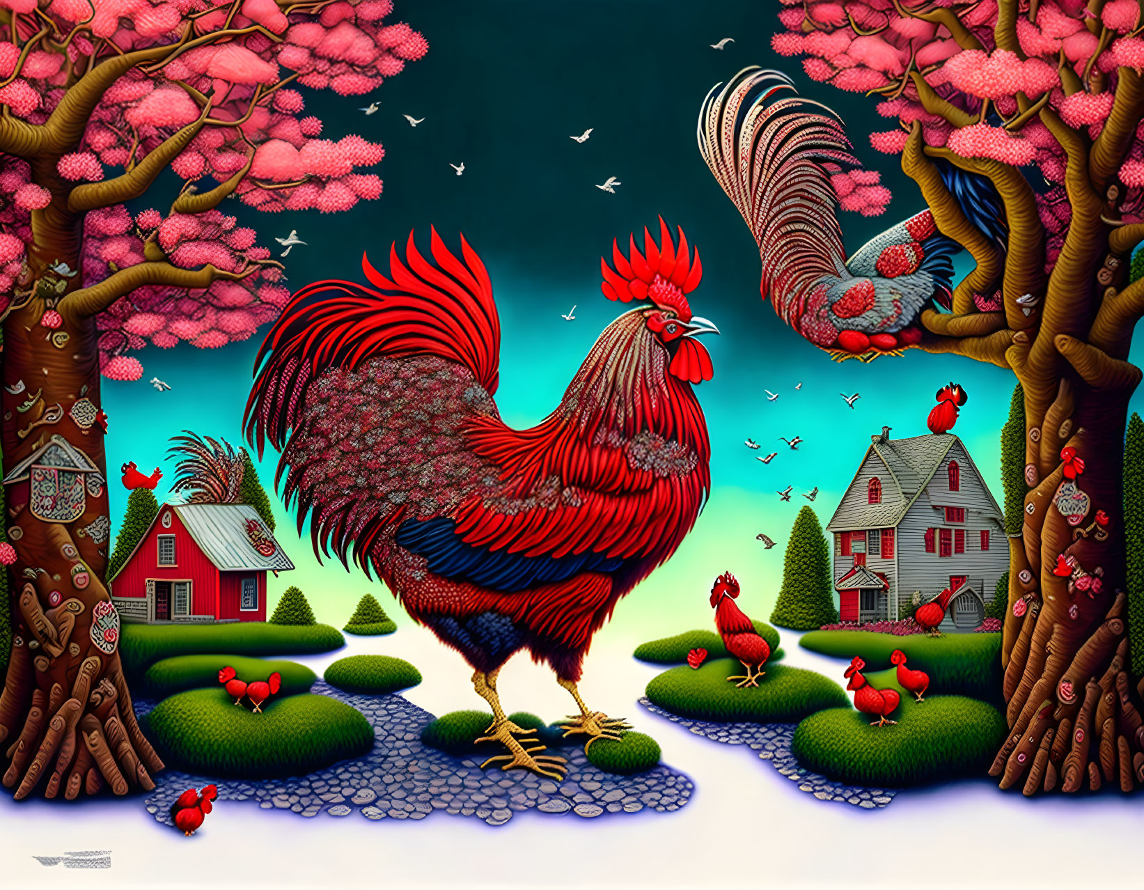 Colorful rooster with chickens, blossoming trees, path, and houses.