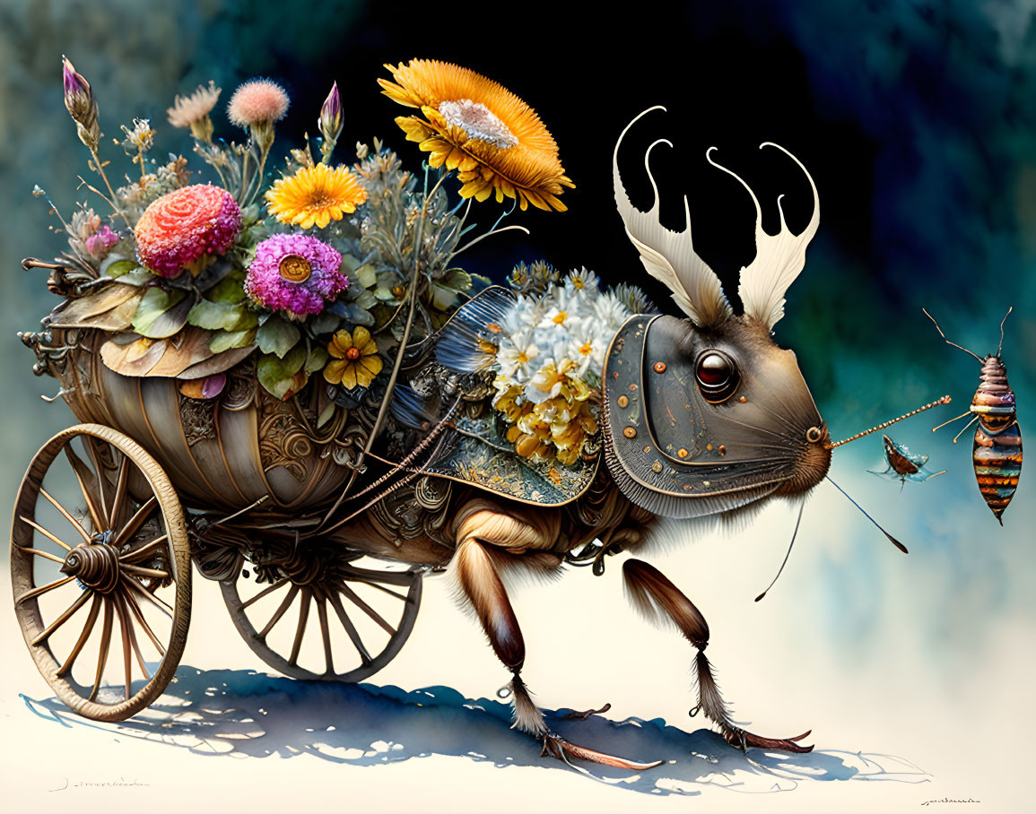 Vibrant floral cart with beetle and bee creature illustration