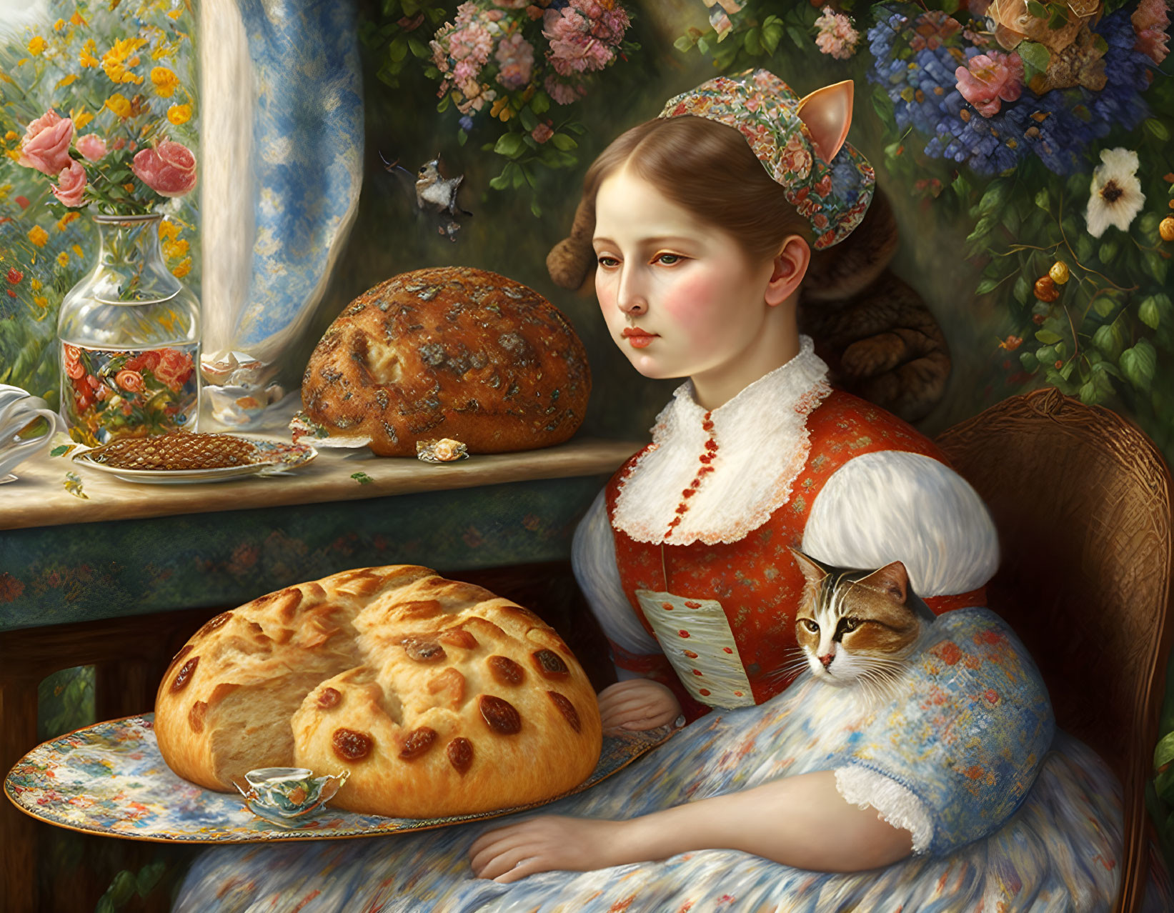 Traditional attire woman surrounded by flowers, bread, tea, and cat.