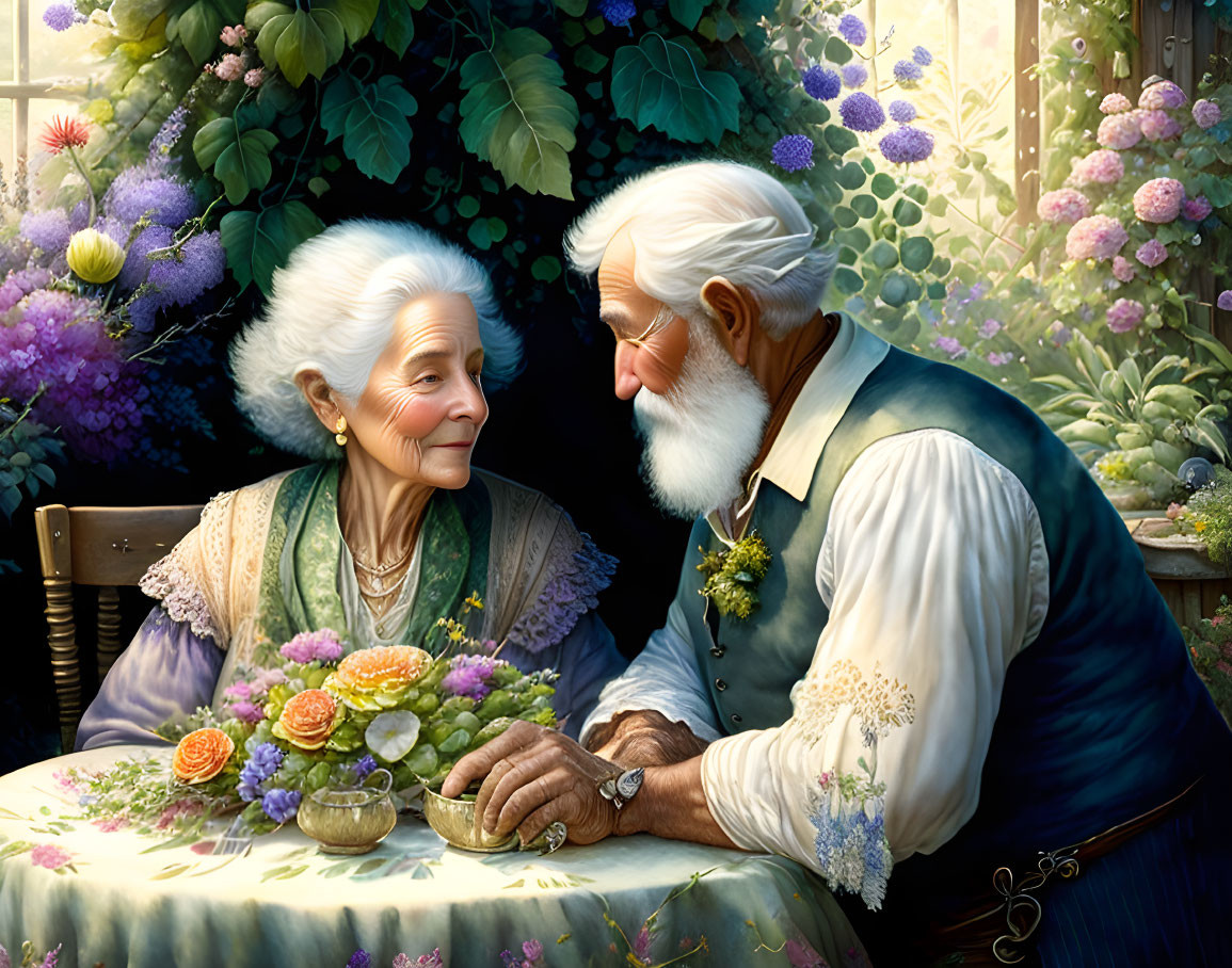 Elderly Couple Sharing Tender Moment in Flower-Adorned Garden