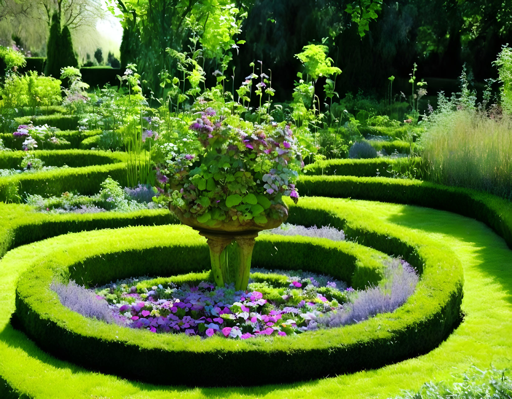 Circular Green Hedges Surrounding Stone Urn Planter with Purple Flowers