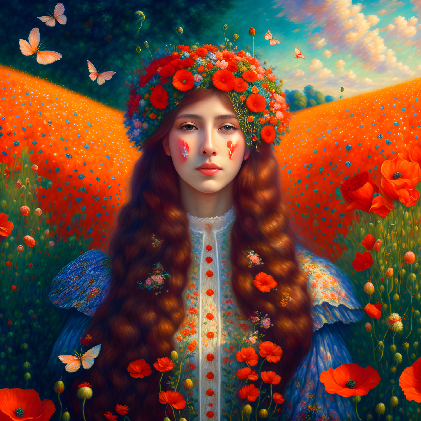 Woman with long brown hair in floral wreath among butterflies in poppy field