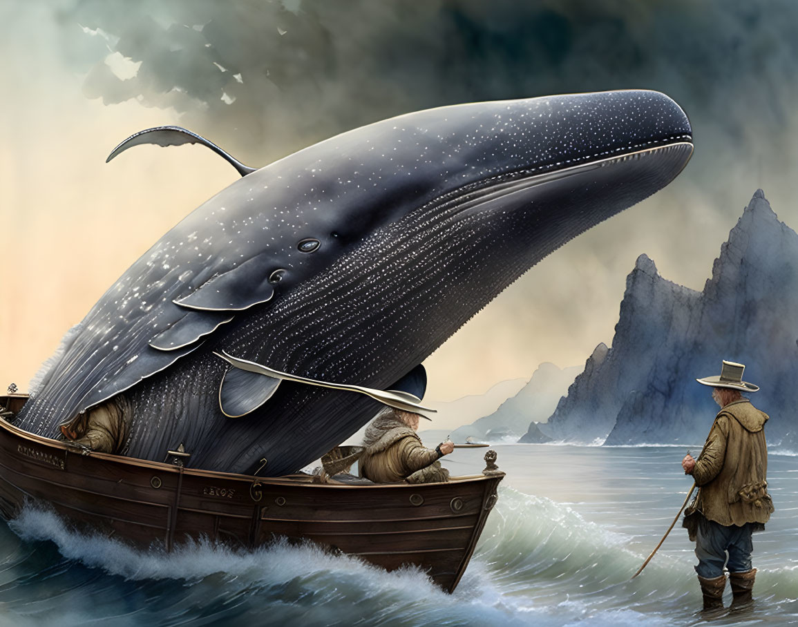 Giant whale and man by the sea with mountain backdrop