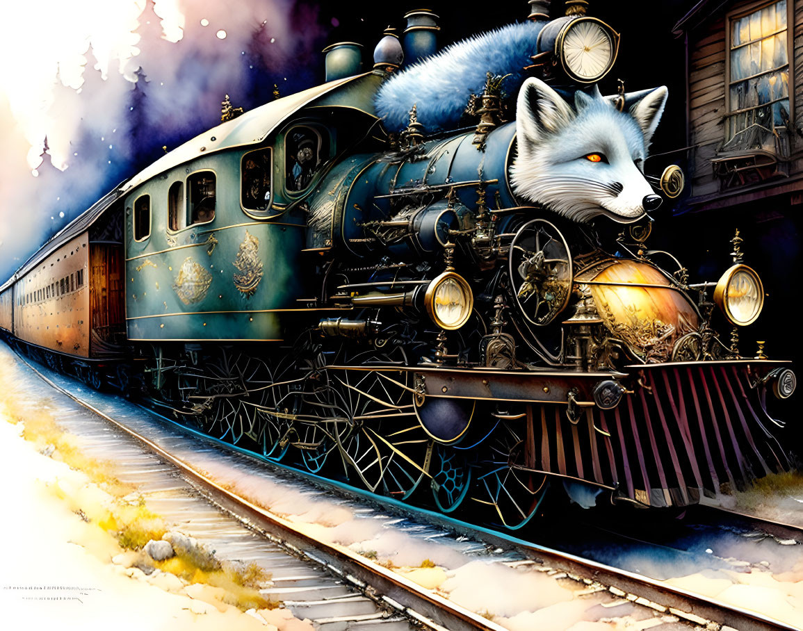 Illustration of vintage train with fox head, gold details, on snowy tracks at dusk