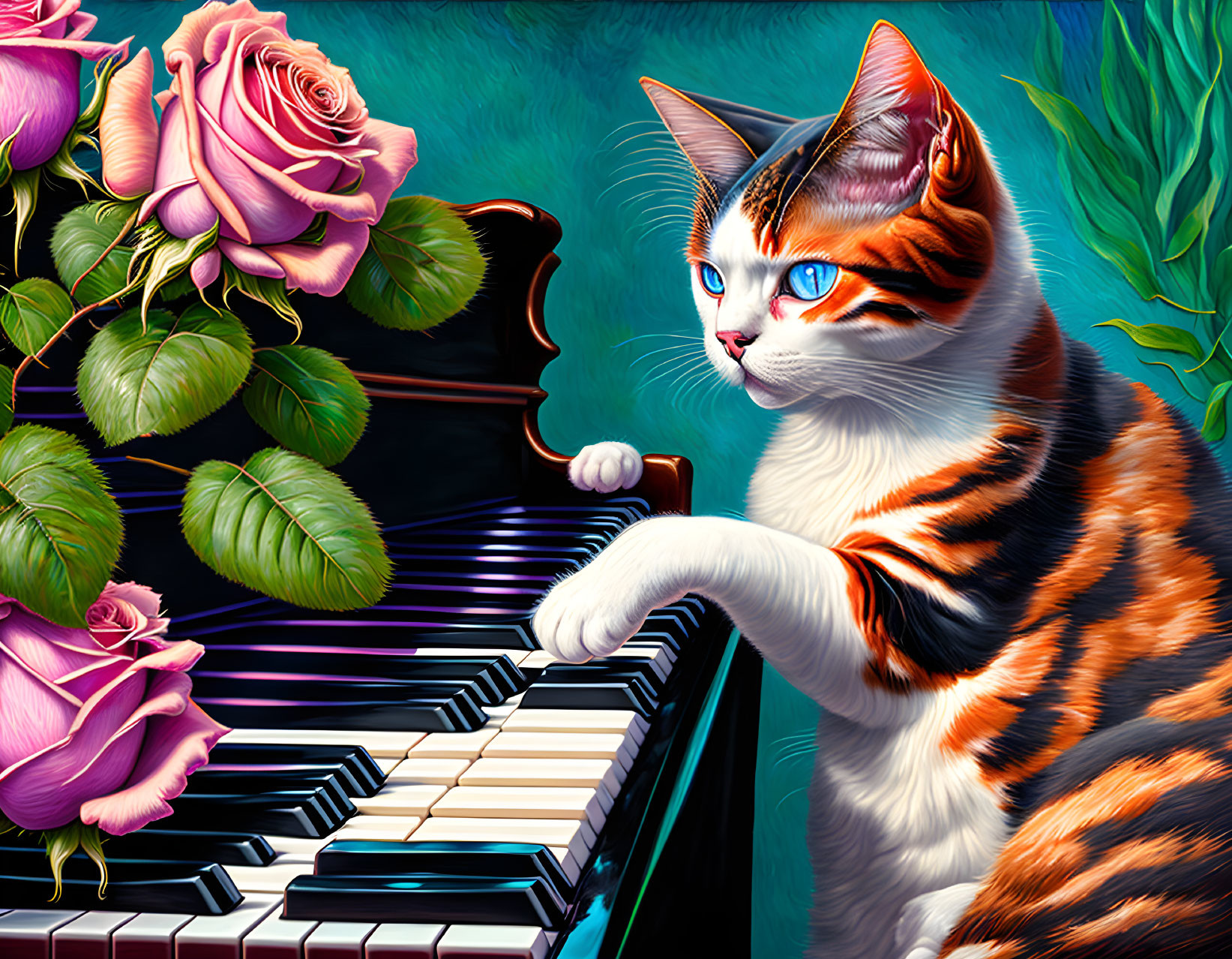 Vibrant cat illustration playing piano with blue eyes