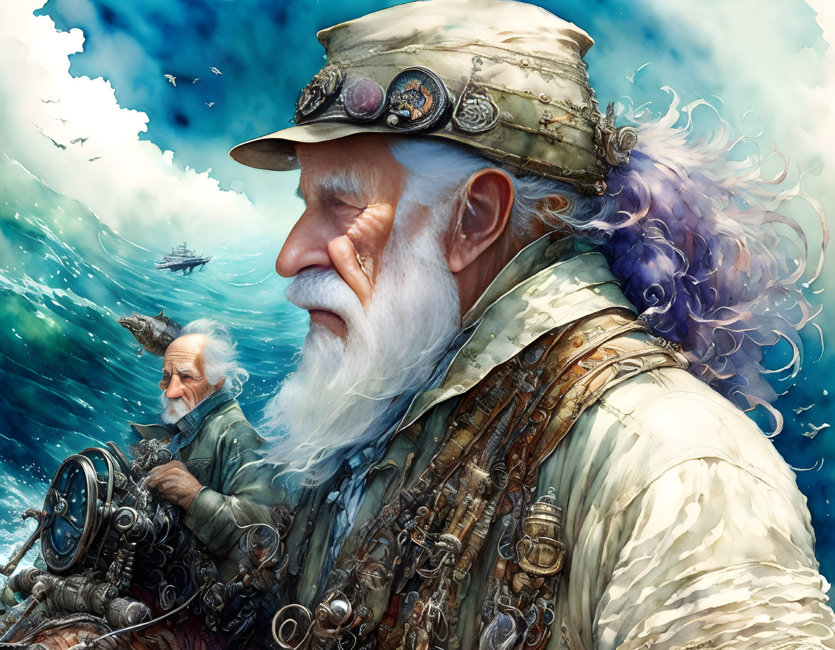 Elderly sea captain in steampunk uniform pilots vessel on ocean.