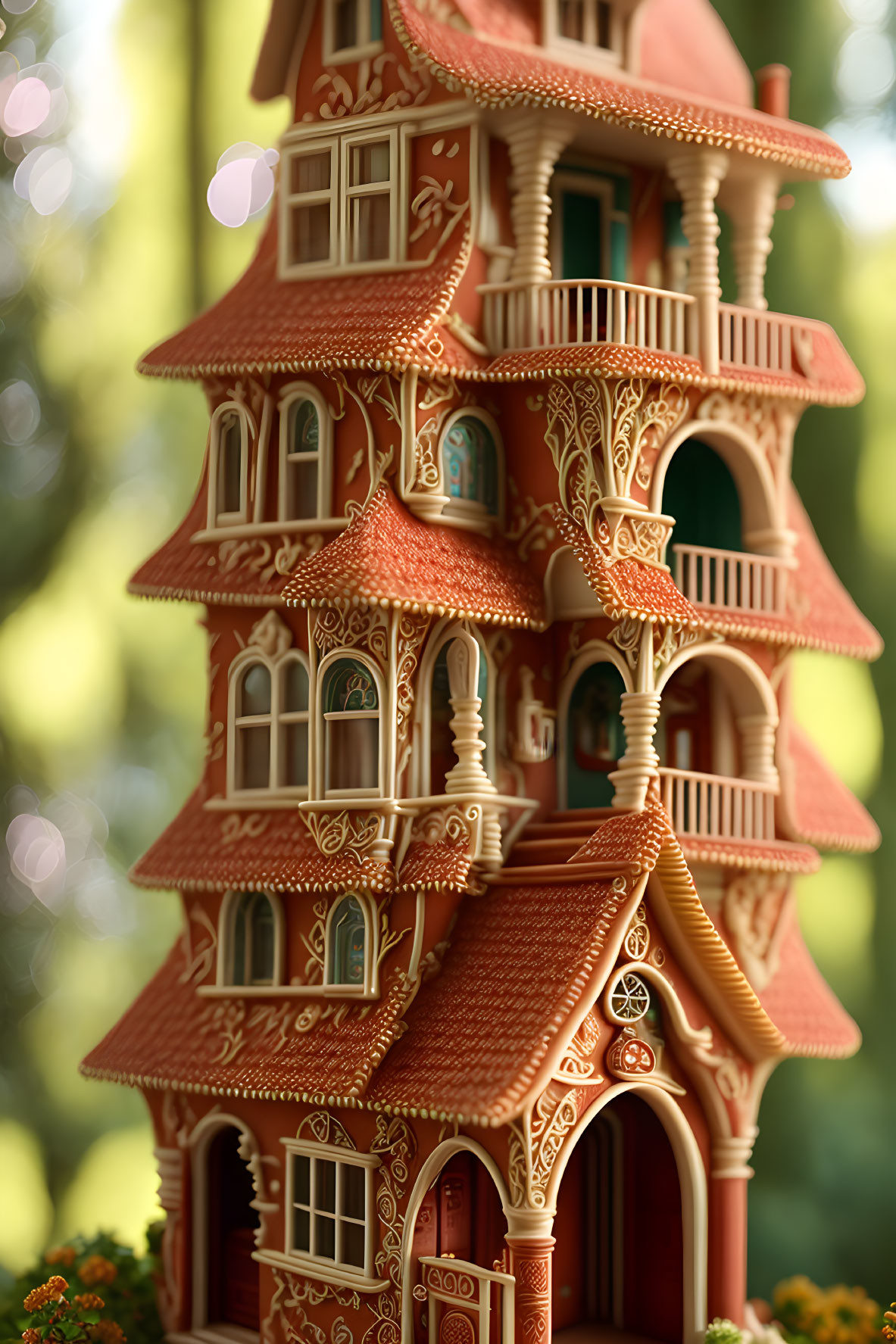 Detailed Miniature Fairy-Tale House Against Green Background