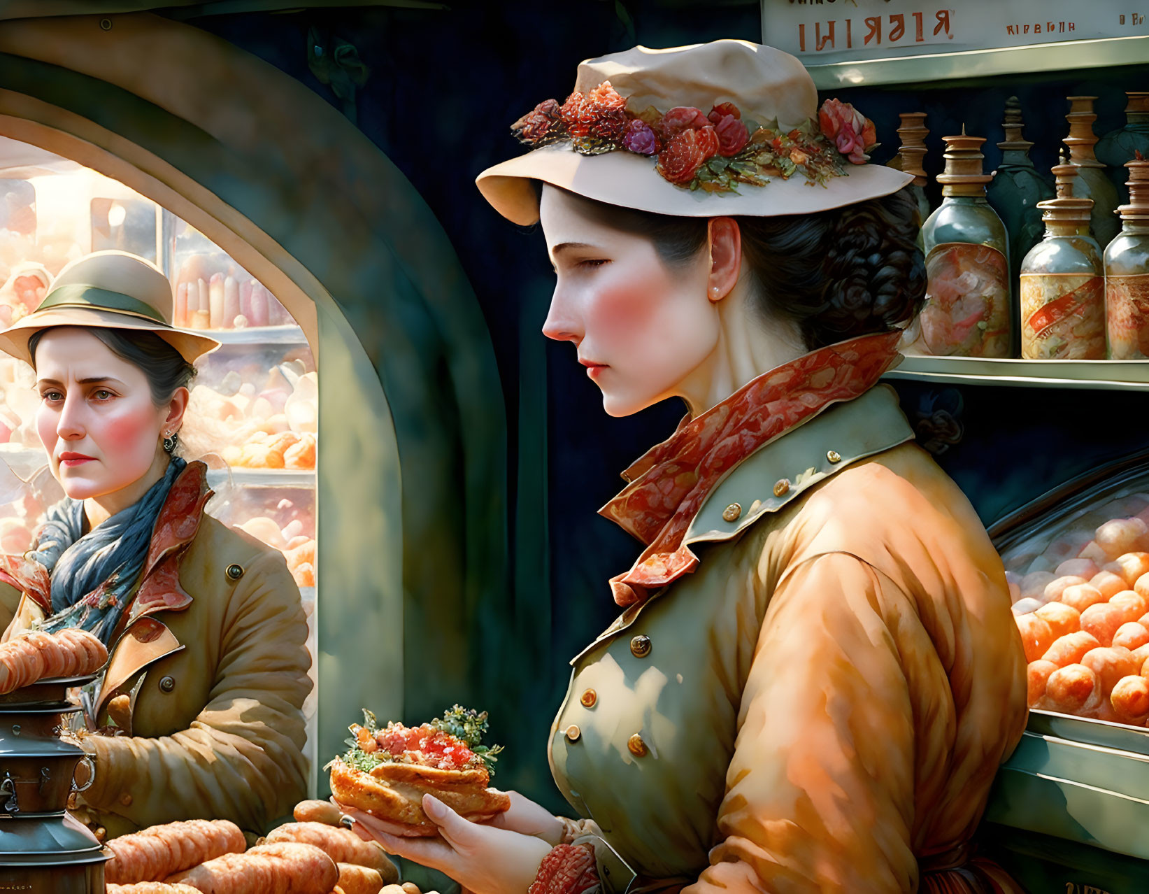 Illustration of two women at a vintage food market with bread, fruits, and jars in early 