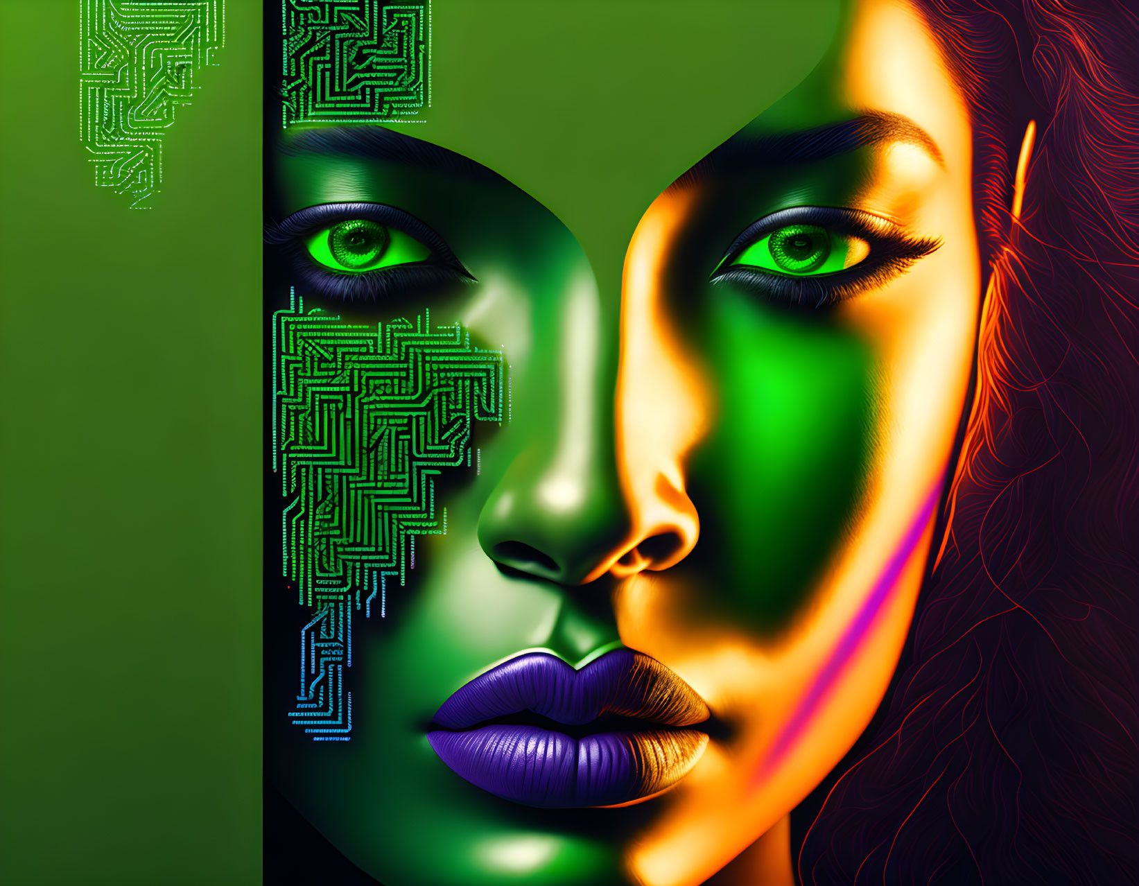 Split-Graphic Image: Natural vs. Neon Green Woman's Face