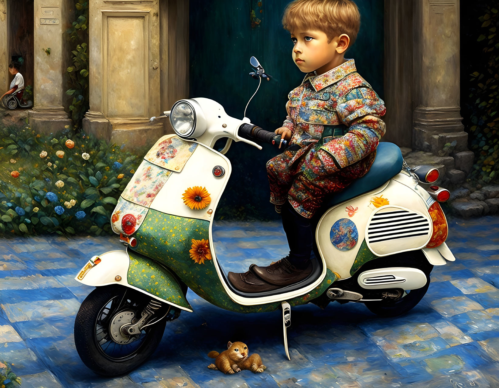 Child on Colorful Scooter with Teddy Bear in Patterned Jacket