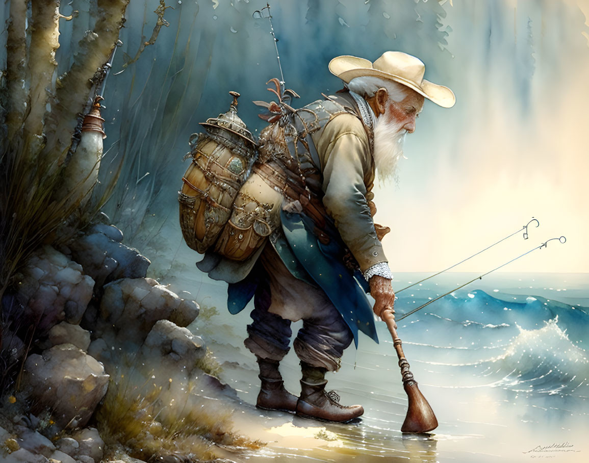 Elderly bearded fisherman with backpack wading in water with fishing rod