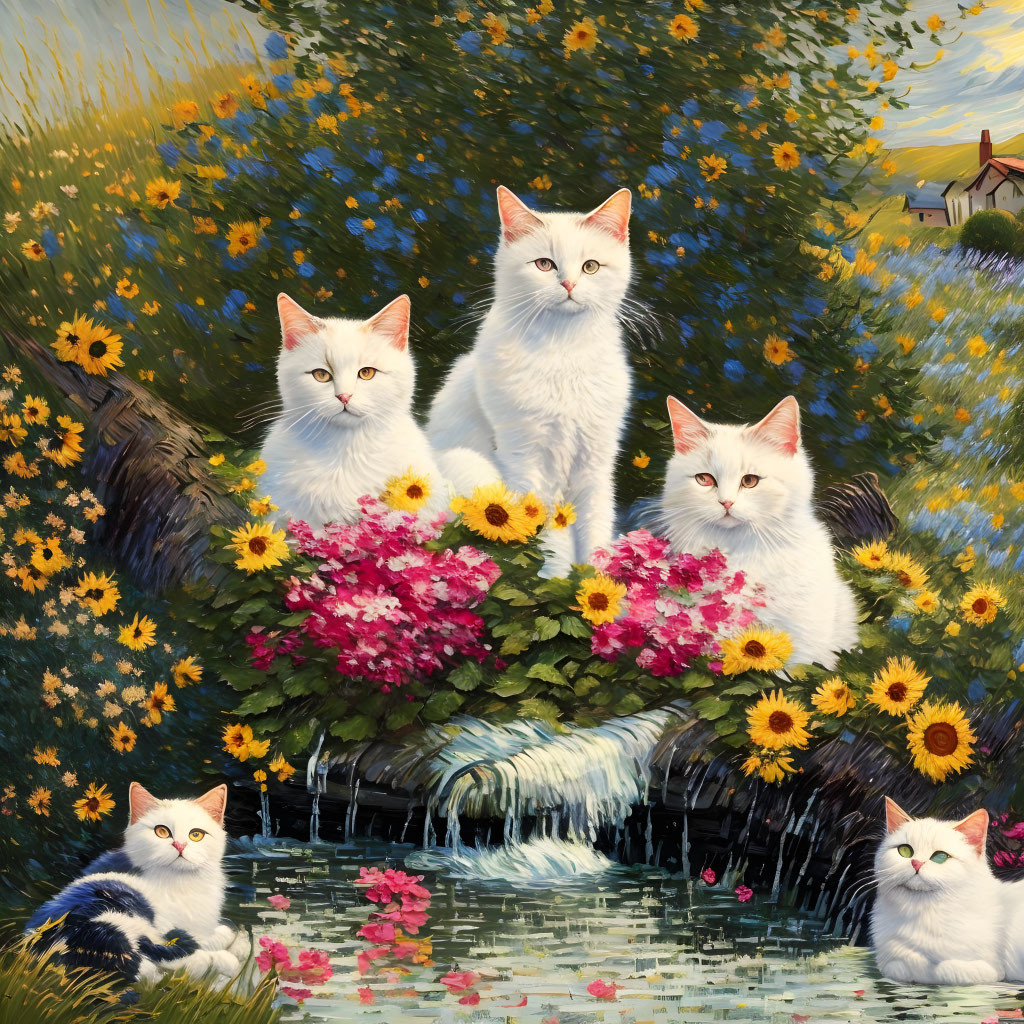 Five White Cats with Unique Facial Markings in Colorful Flower Garden