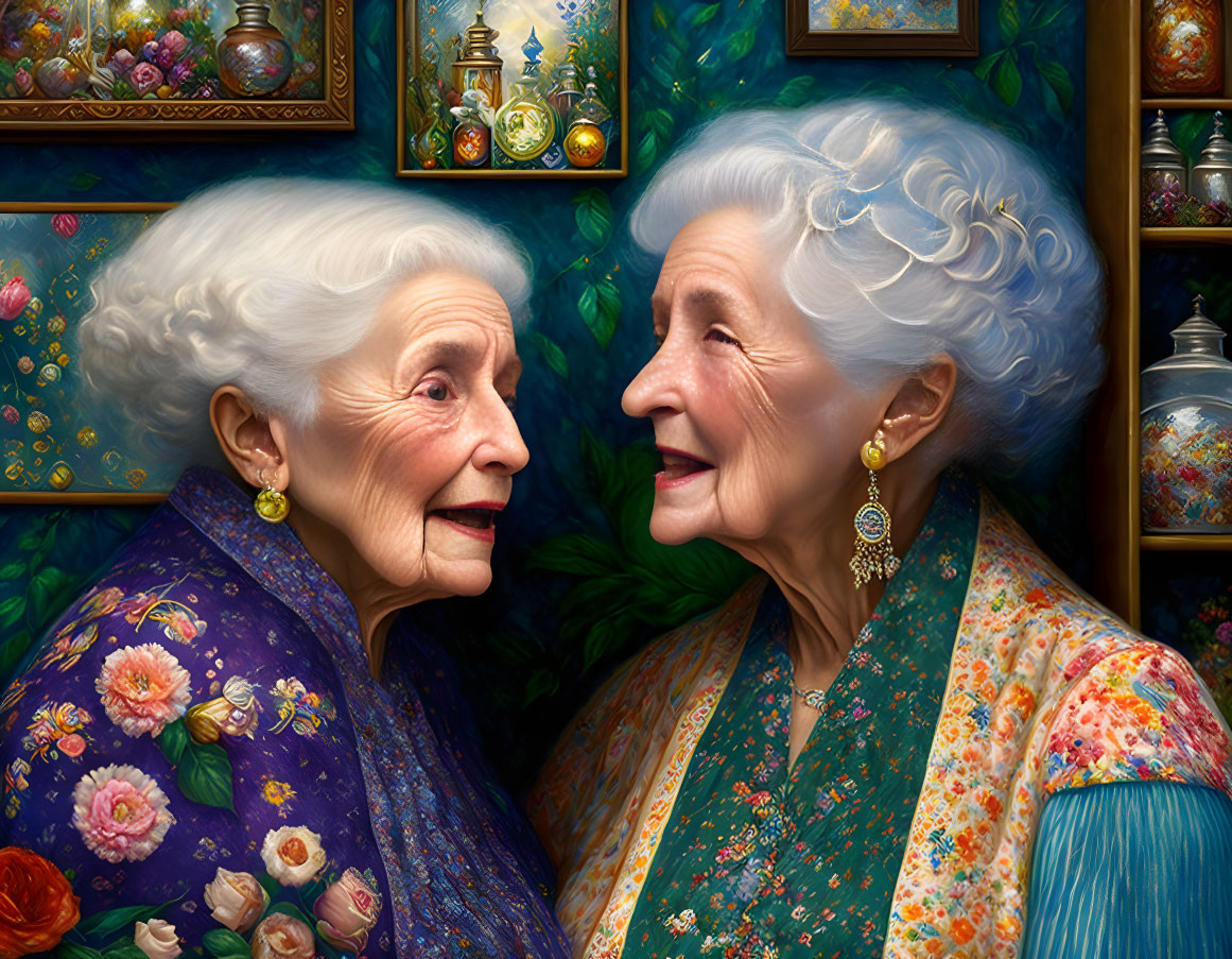 Elderly ladies in elegant attire surrounded by antique shelves filled with decorative items