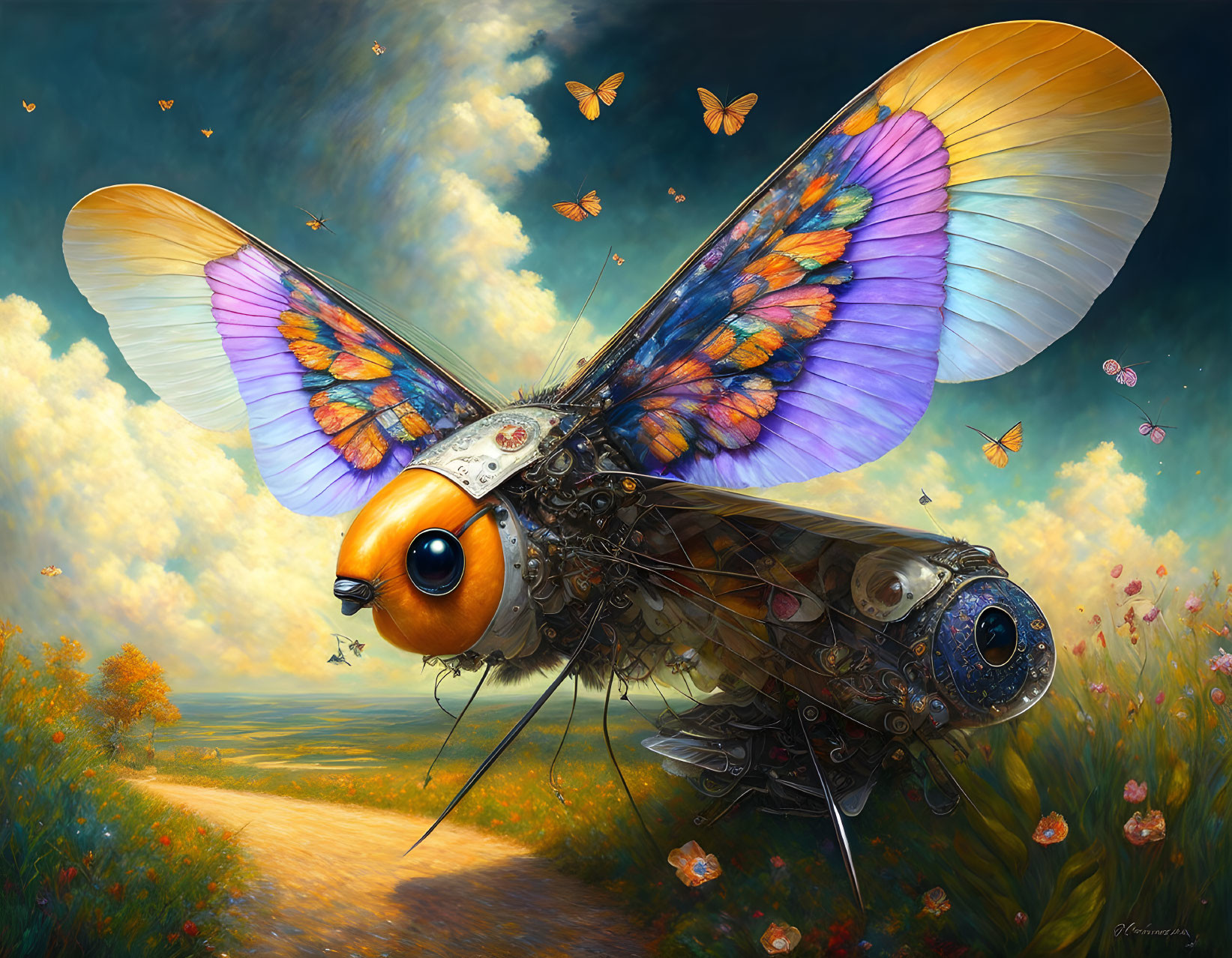 Steampunk-inspired mechanical insect with multicolored wings above a floral trail