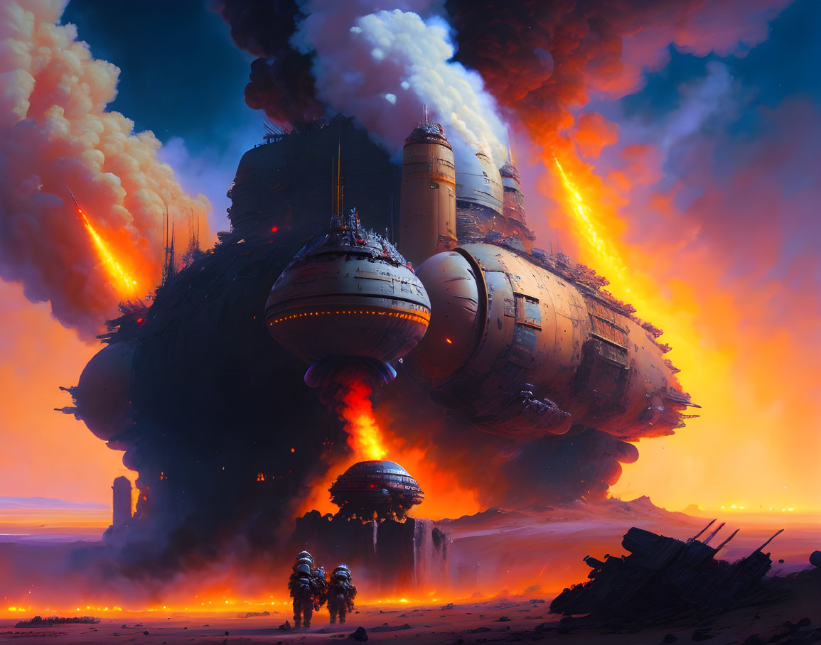 Spaceship launch with fiery explosions and figures in alien landscape