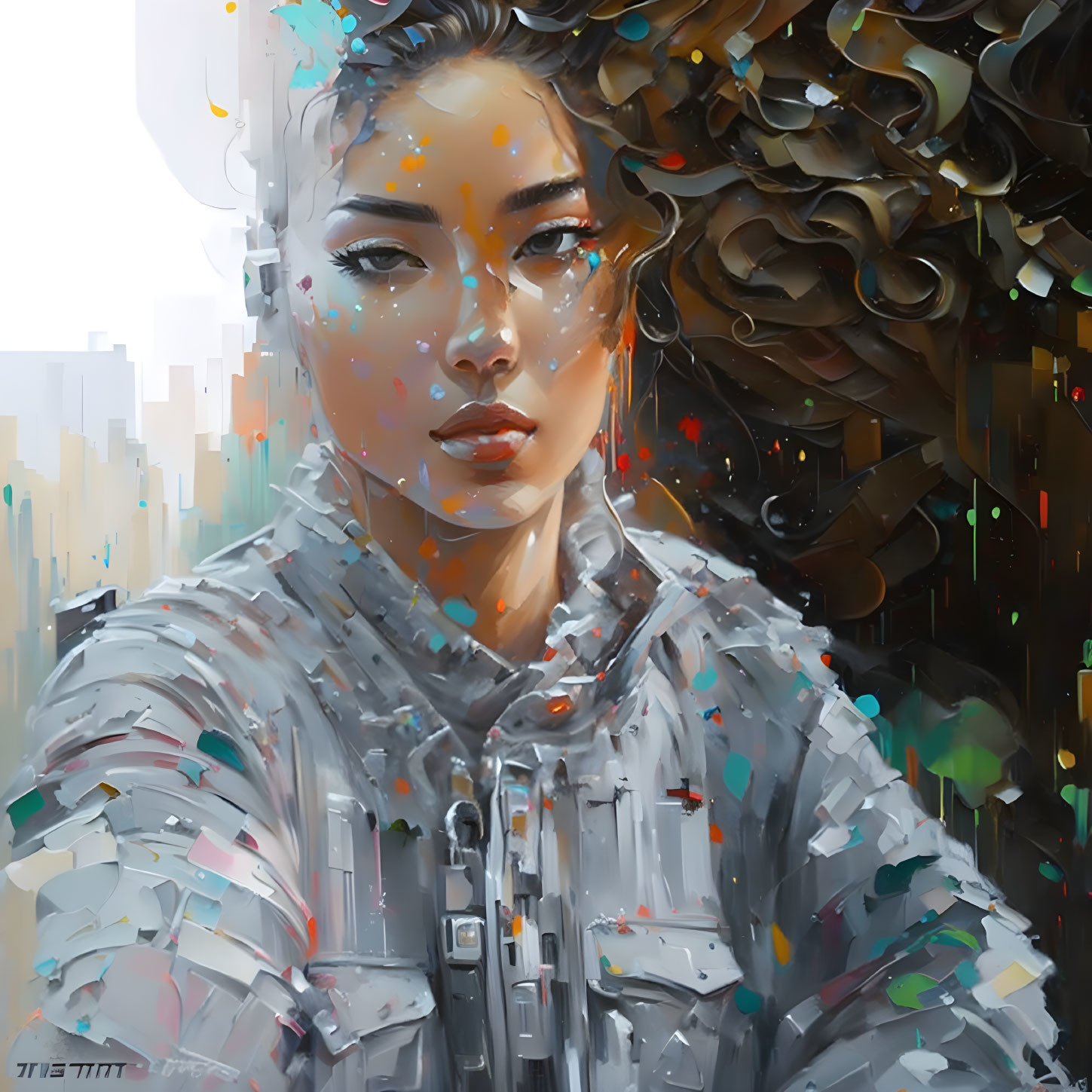 Digital painting: Woman with freckles and stylish haircut in gray jacket against abstract cityscape with paint