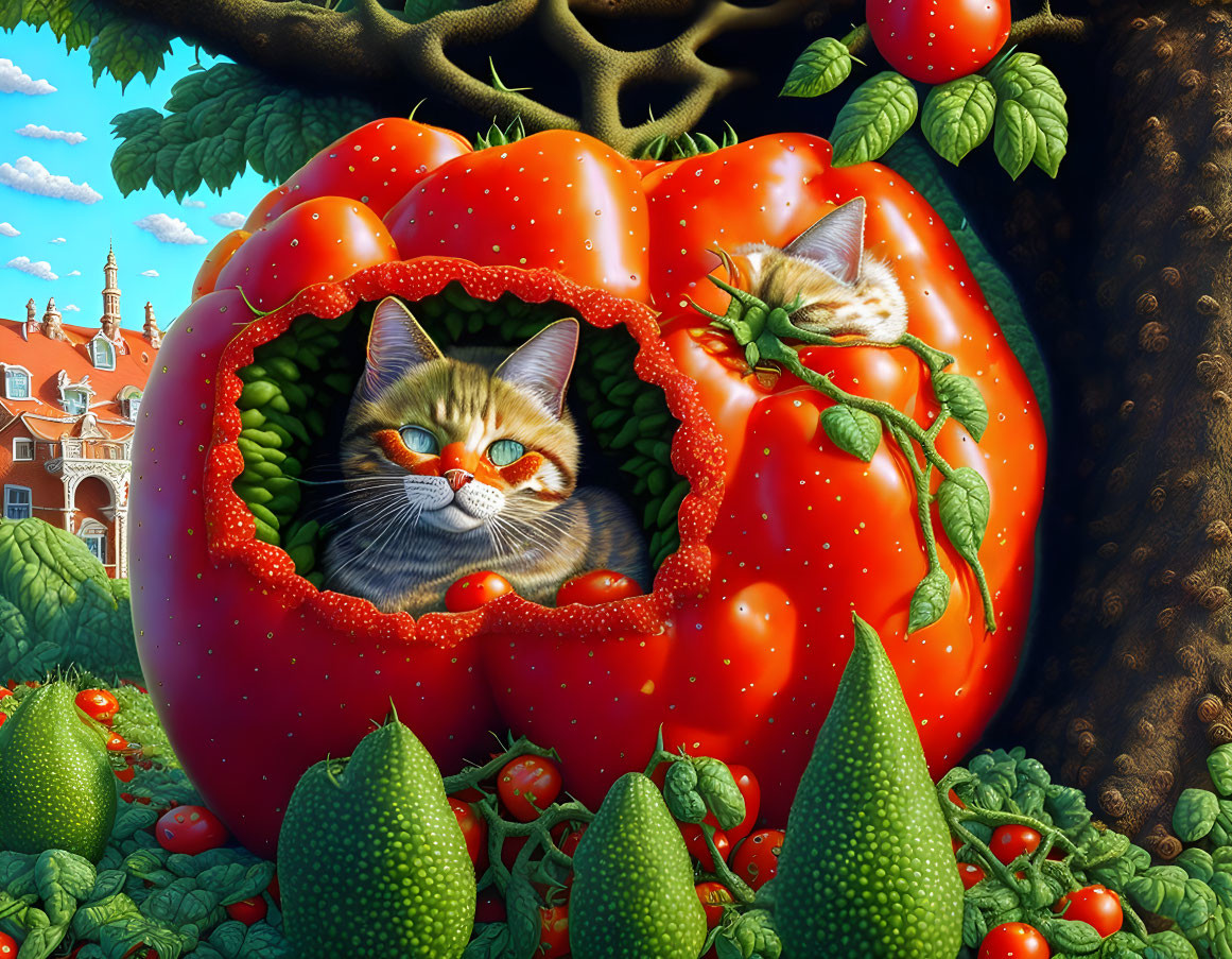 Whimsical painting of cat in tomato with garden backdrop