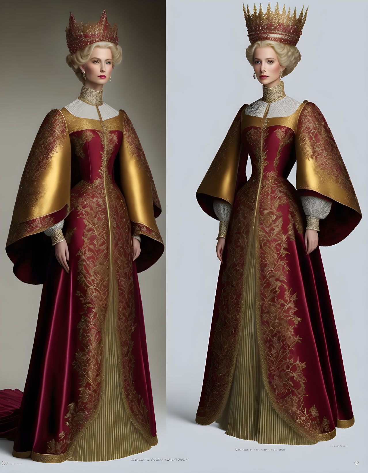 Regal woman in red and gold gown with crown