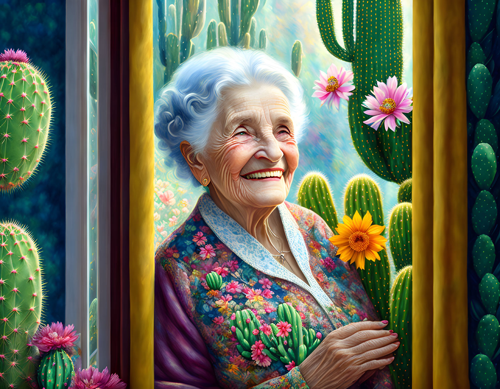 Elderly woman admiring cactus garden from window in floral blouse