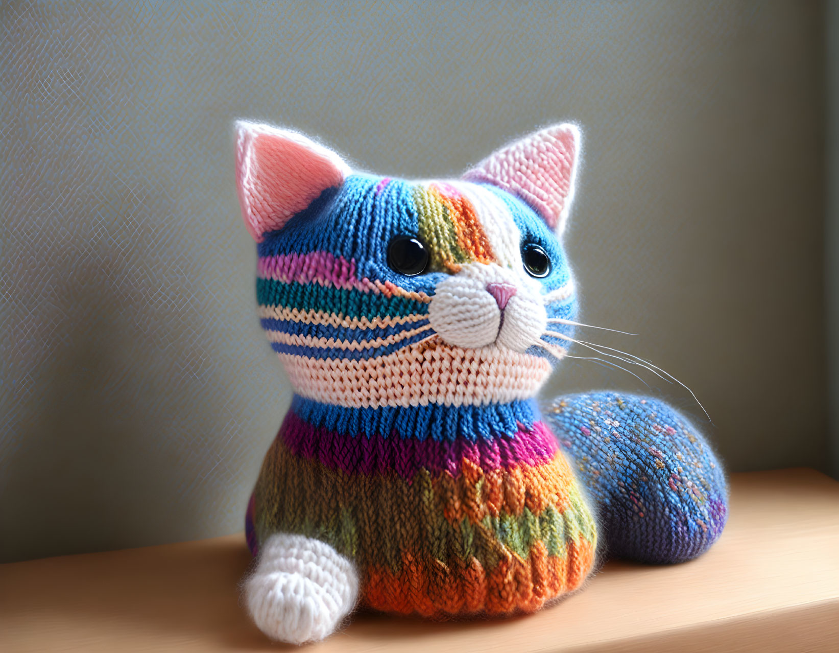 Colorful Knitted Cat Doll with Striped Pattern Sitting by Window