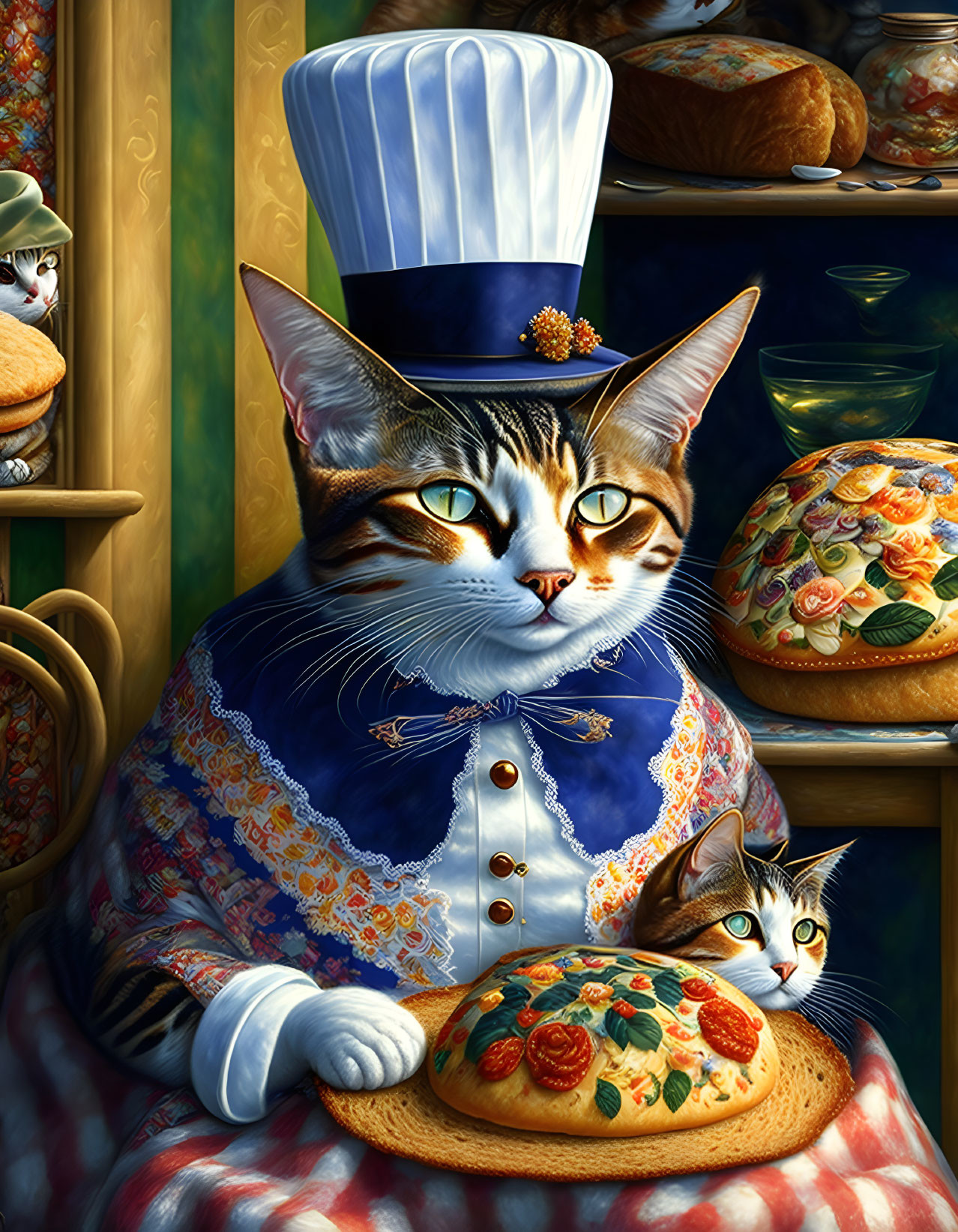 Anthropomorphic cat chef with pizza in vintage kitchen