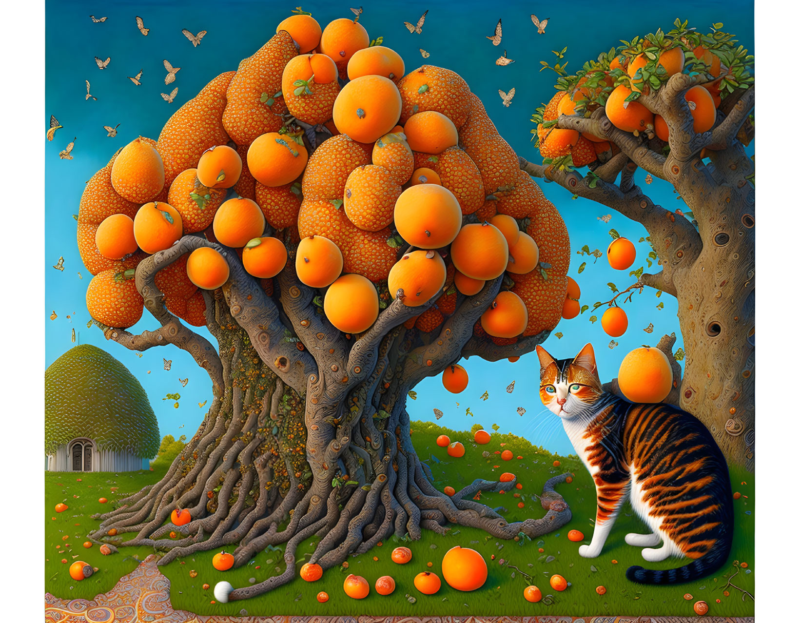 Vibrant orange tree digital artwork with cottage and cat