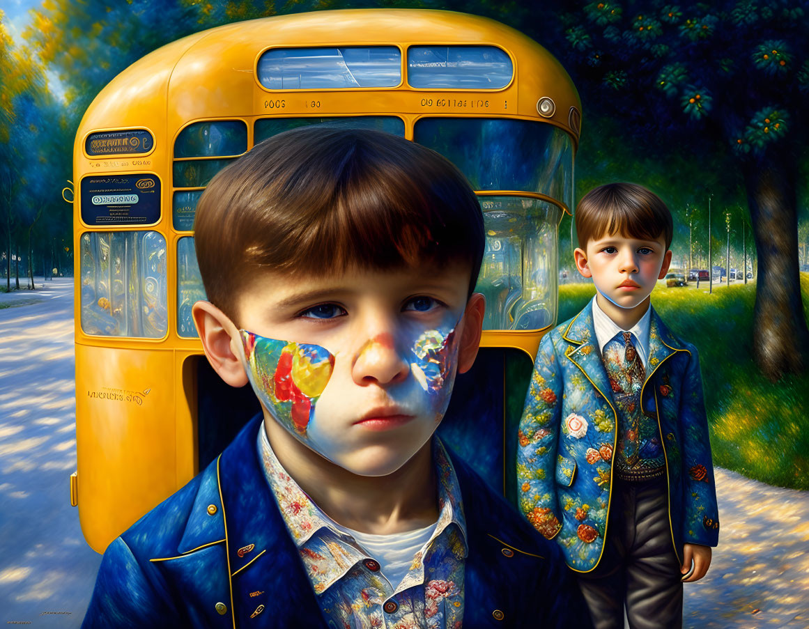 Illustration of Two Boys in Blue Blazers by Yellow School Bus