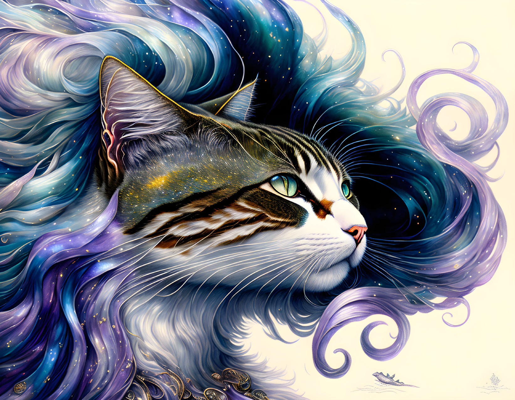 Illustration of cosmic-patterned cat with blue and purple fur.