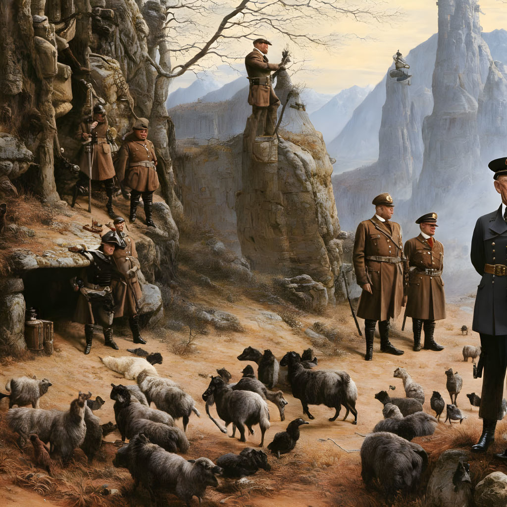 Military men in uniforms with sheep among rock formations.