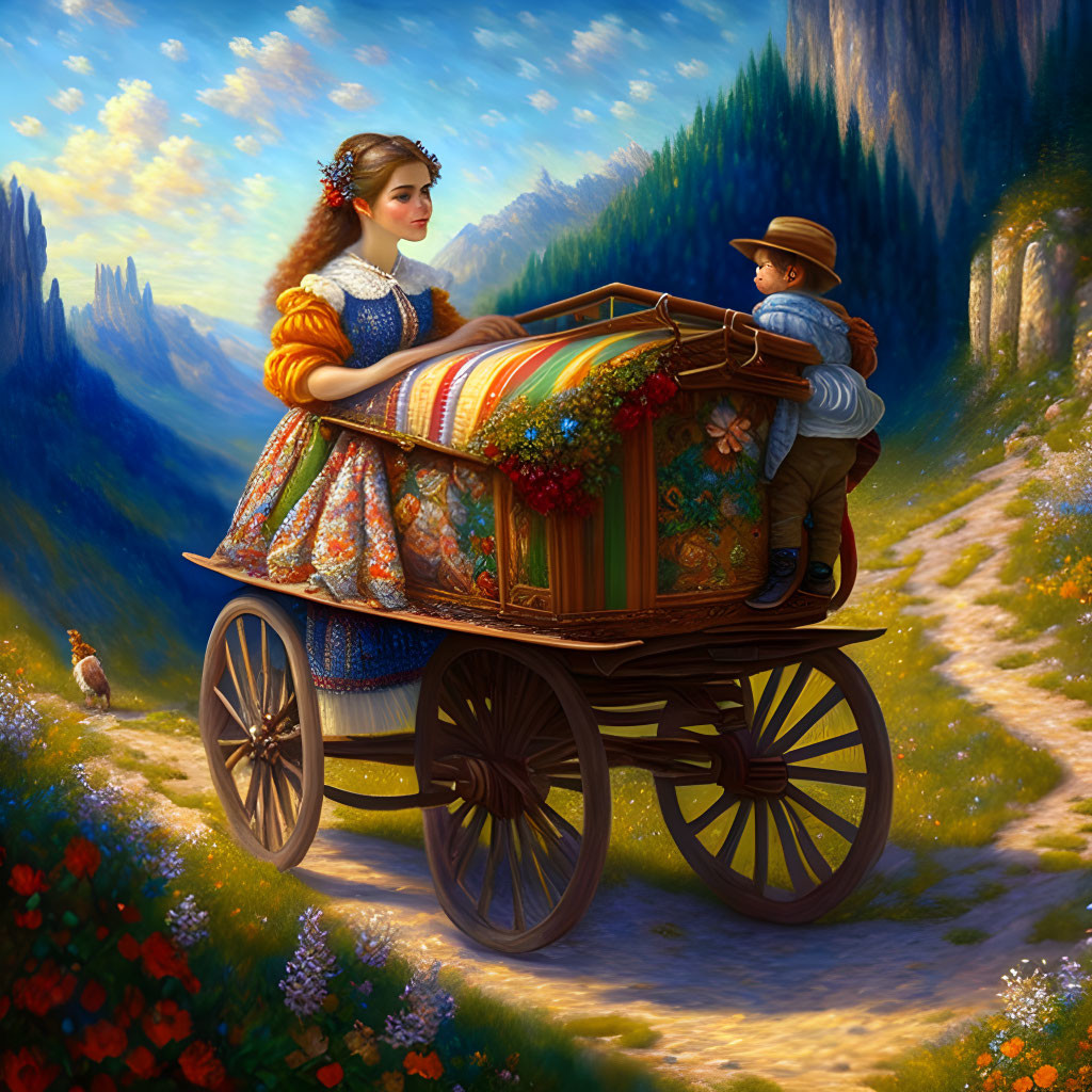 Woman in Floral Dress with Child Steering Cart Through Colorful Countryside