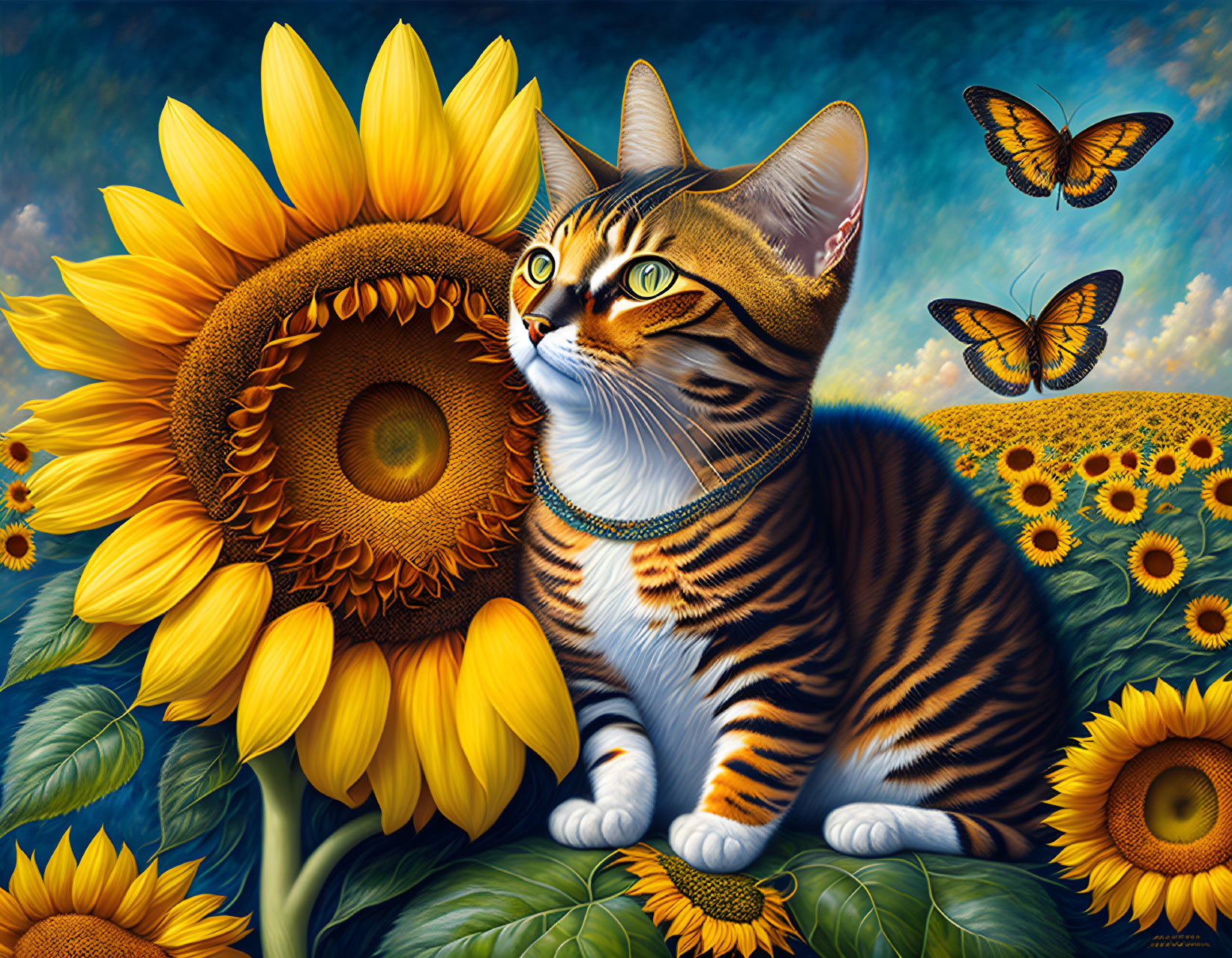 Tabby cat with blue necklace among sunflowers and butterflies