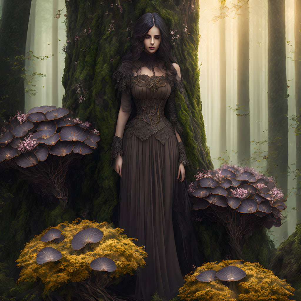 Gothic woman in Victorian dress in mystical forest with oversized mushrooms