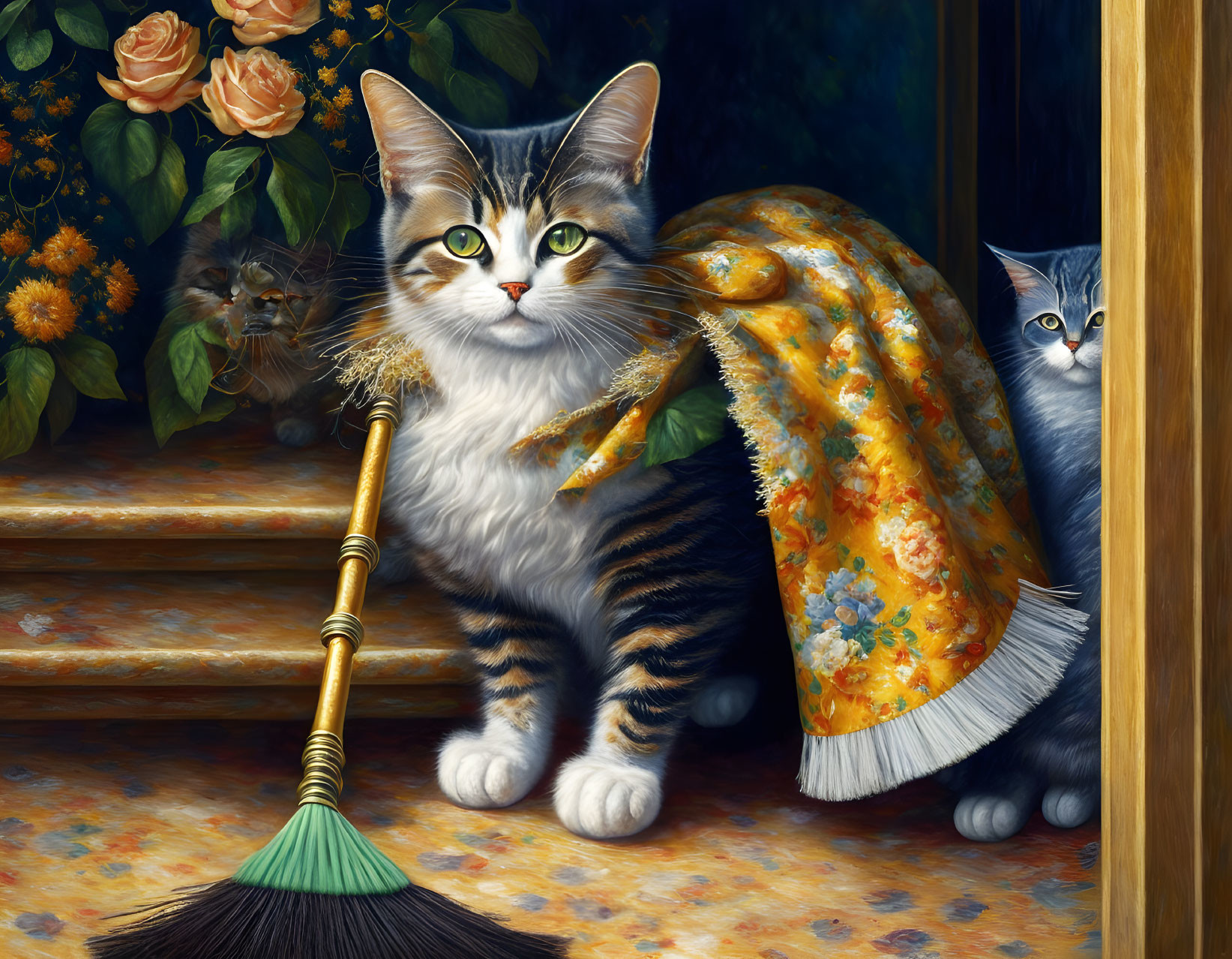 Tabby Cat Painting with Broom and Floral Details