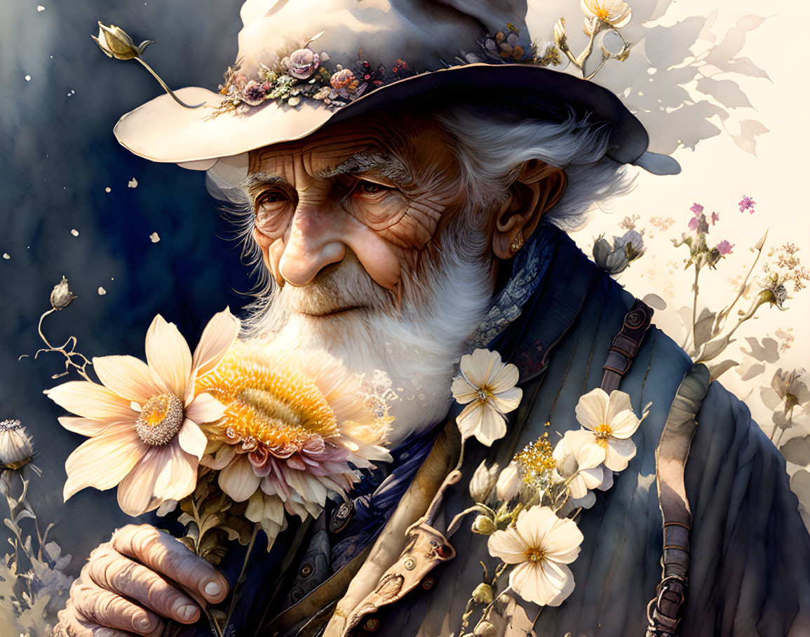 Elderly man with white beard smelling sunflower in floral hat among blossoms