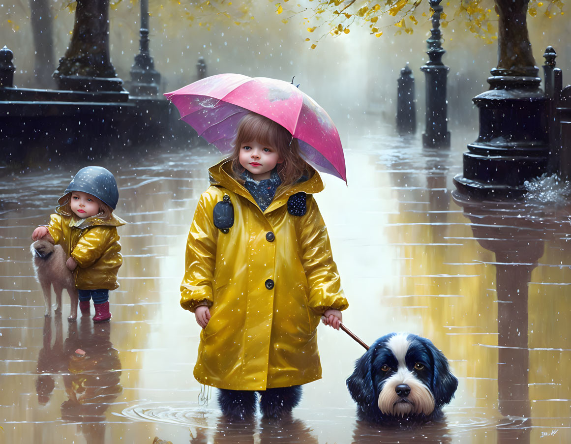 Children in yellow raincoats with umbrella and dog on wet autumn street.