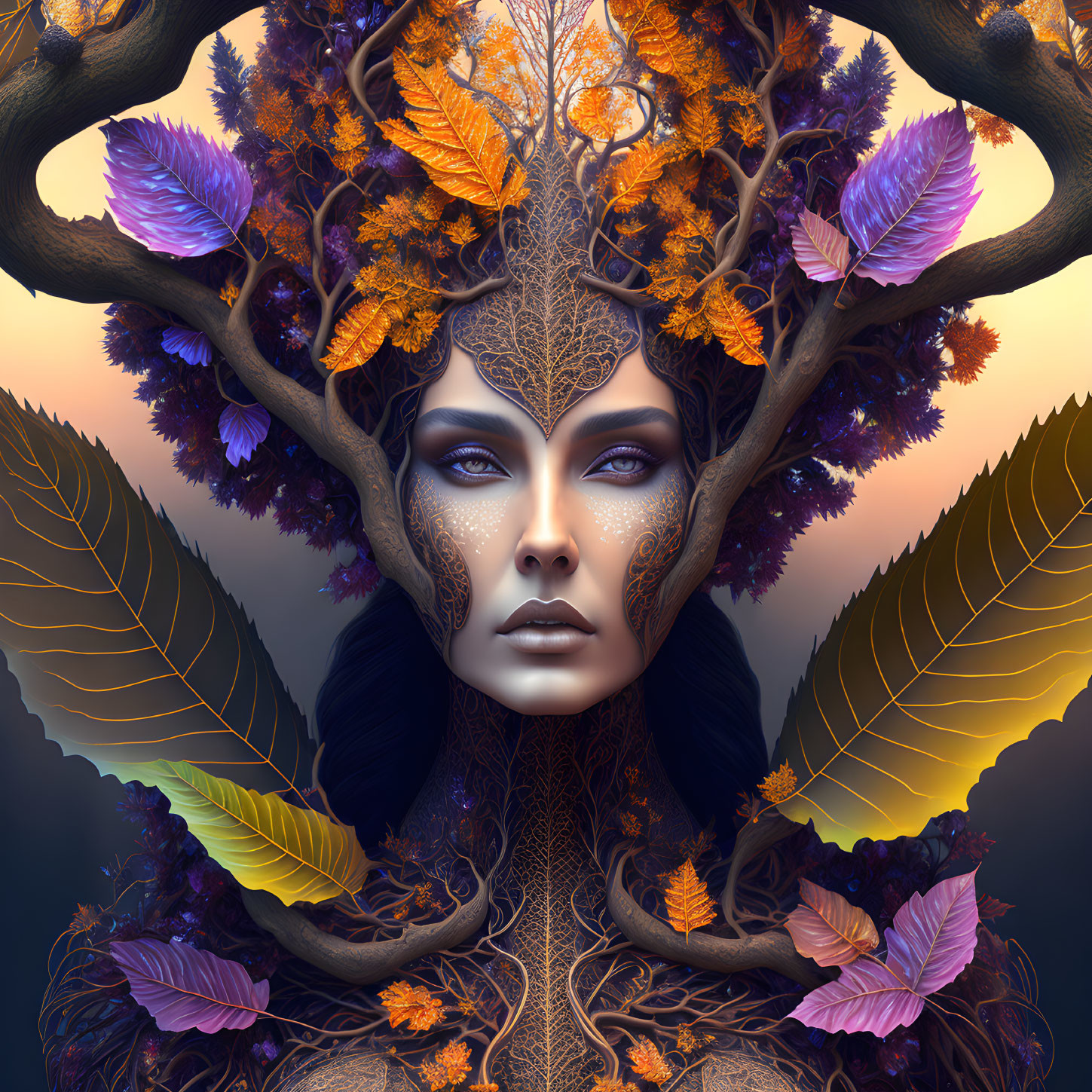 Surreal portrait of a woman with tree branches and autumn leaves in her hair